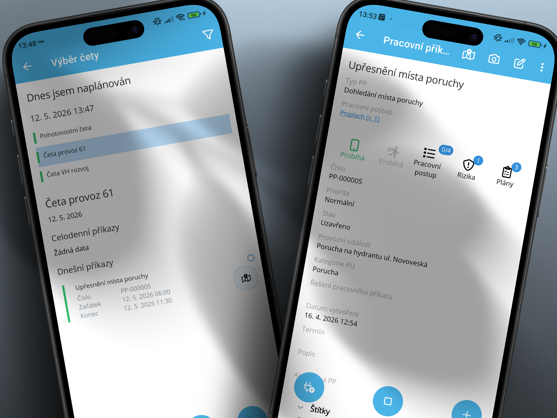 Přehled obrazovek mobilního klienta PRIS po nástupu do směny