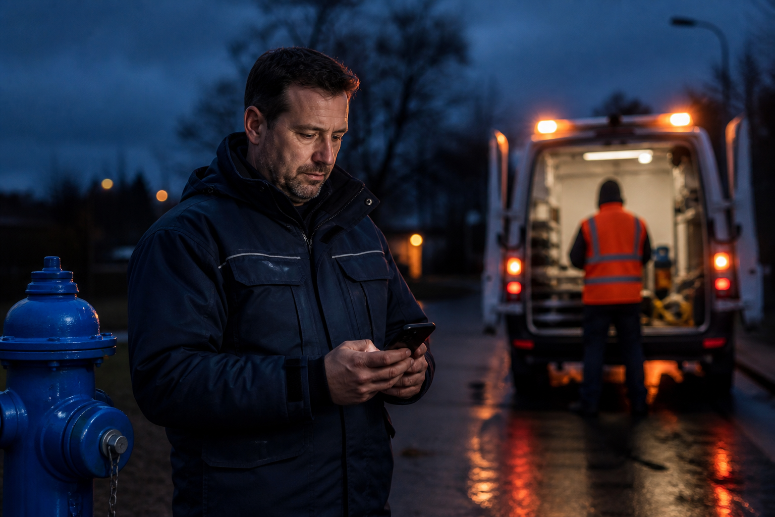 Ilustrace k nejbližší práci a okolí: technik u prvku sítě — priorita podle blízkosti a stavu, ne podle posledního hovoru.