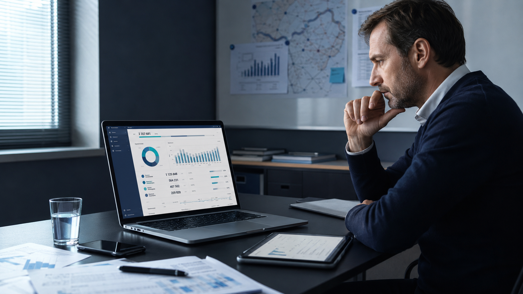 Snímek desktopové aplikace PRIS: analytické zobrazení se sloupcovým grafem spotřeby po dnech, tabulkou odečtů vodoměrů a měřičem průměrné spotřeby.